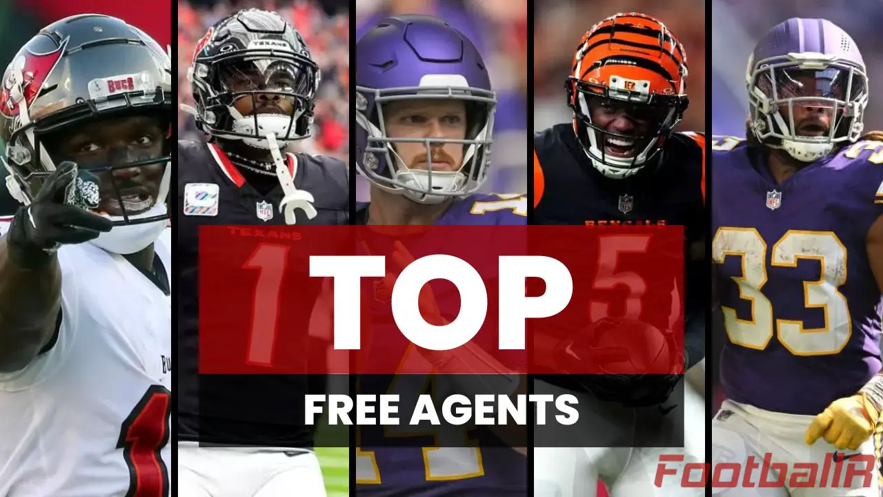 Eine Collage aus fünf American-Football-Spielern in Uniformen, jeder in einem separaten vertikalen Streifen. Der darüber gelegte Text lautet „Top Free Agents“. Im Hintergrund sind Spieler der Buccaneers, Texans, Vikings, Bengals und Chiefs zu sehen. Das Logo in der unteren rechten Ecke lautet „FootballR“. Diese Beschreibung wurde mit der FootballR KI automatisch generiert.