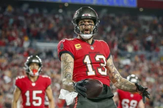 18 Spiele - Footballspieler Mike Evans, der eine rote Uniform der Tampa Bay Buccaneers mit der Nummer 13 trägt, strahlt vor Begeisterung, während er im Stadion einen Football umklammert. Spieler in ähnlichen Uniformen, den Nummern 15 und 69, stehen im Hintergrund, während die verschwommene Menge Evans‘ dynamische Pose hervorhebt. Diese Beschreibung wurde mit der FootballR KI automatisch generiert.