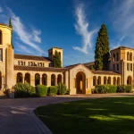 Stanford University enthlässt HC Troy Taylor - Ein Gebäude im spanischen Stil mit gewölbten Gängen und Ziegeldach sonnt sich im warmen Licht des Sonnenuntergangs. Die Fassade erinnert an Stanfords ikonische Architektur und besticht durch Säulen und kunstvolle Schnitzereien. Eine Person steigt die Stufen hinauf, während üppiges Grün diese ruhige Szene unter einem klaren blauen Himmel umgibt. Diese Beschreibung wurde mit der FootballR KI automatisch generiert.
