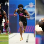 Drei Sportler sind beim NFL Scouting Combine abgebildet. Der erste mit der Nummer 40 läuft um einen Kegel herum. Der zweite sprintet auf einer Bahn. Der dritte hält einen Football und scheint bereit zum Passen zu sein. Alle tragen Sportkleidung und die Stadionkulisse unterstreicht ihren Spielerwert. Diese Beschreibung wurde mit der FootballR KI automatisch generiert.