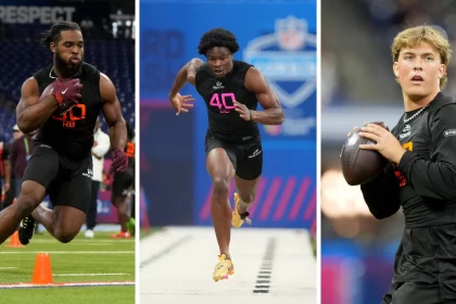 Drei Sportler sind beim NFL Scouting Combine abgebildet. Der erste mit der Nummer 40 läuft um einen Kegel herum. Der zweite sprintet auf einer Bahn. Der dritte hält einen Football und scheint bereit zum Passen zu sein. Alle tragen Sportkleidung und die Stadionkulisse unterstreicht ihren Spielerwert. Diese Beschreibung wurde mit der FootballR KI automatisch generiert.