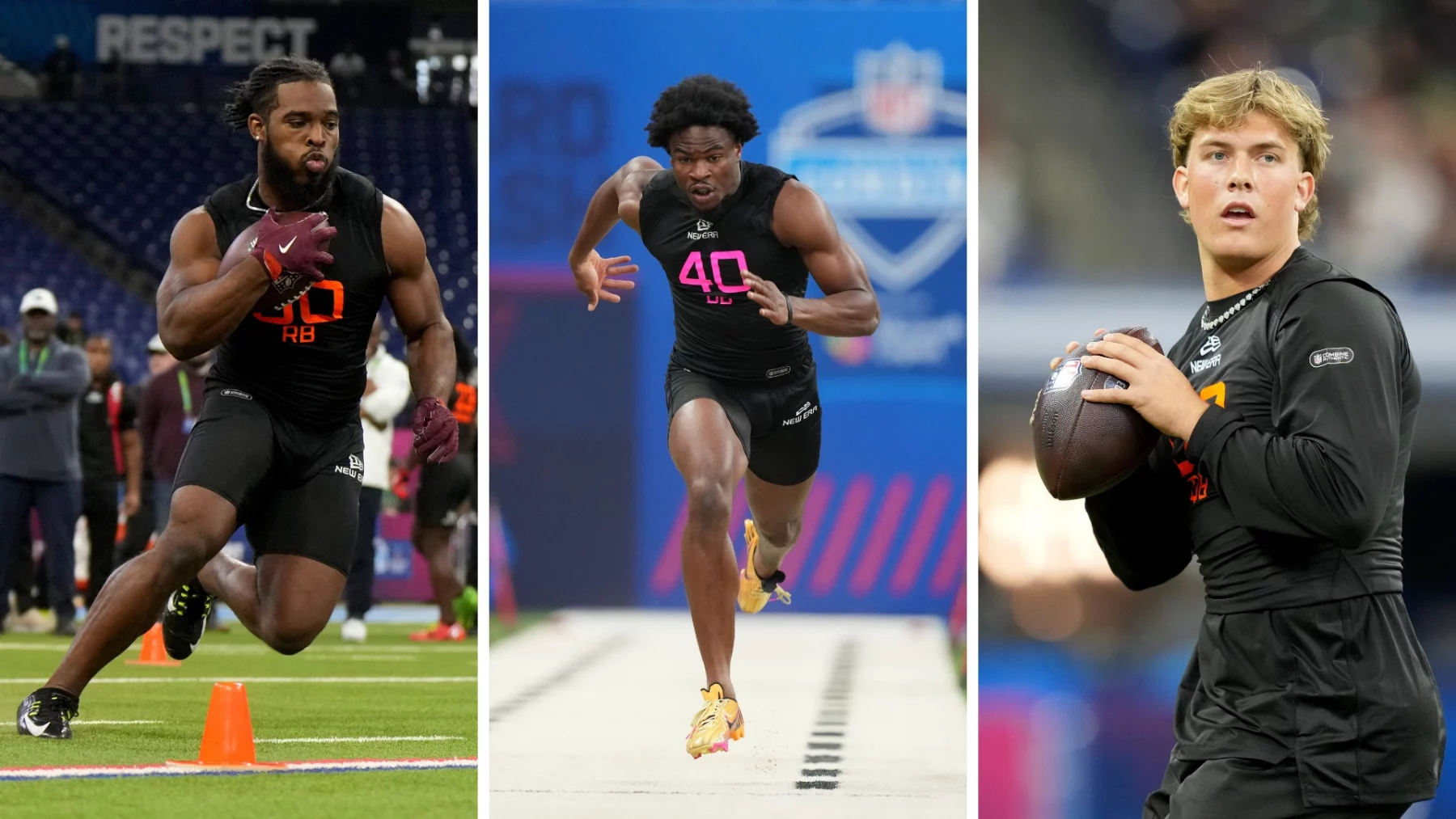 Drei Sportler sind beim NFL Scouting Combine abgebildet. Der erste mit der Nummer 40 läuft um einen Kegel herum. Der zweite sprintet auf einer Bahn. Der dritte hält einen Football und scheint bereit zum Passen zu sein. Alle tragen Sportkleidung und die Stadionkulisse unterstreicht ihren Spielerwert. Diese Beschreibung wurde mit der FootballR KI automatisch generiert.