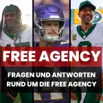 NFL Free Agency 2025 - Eine Collage zeigt fünf American-Football-Spieler, in deren Mitte fettgedruckt „Free Agency“ steht. Darunter steht in kleinerem Text „Fragen und Antworten rund um die Free Agency 2025“. In der unteren rechten Ecke ist das „FootballR“-Logo zu sehen, das den Geist der NFL Free Agency 2025 einfängt. Diese Beschreibung wurde mit der FootballR KI automatisch generiert.