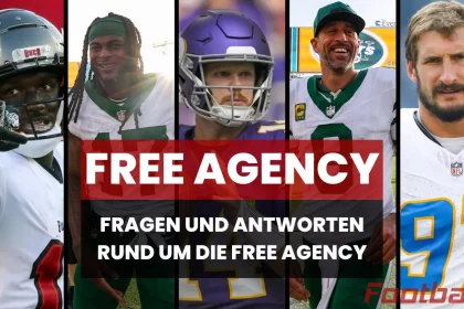 NFL Free Agency 2025 - Eine Collage zeigt fünf American-Football-Spieler, in deren Mitte fettgedruckt „Free Agency“ steht. Darunter steht in kleinerem Text „Fragen und Antworten rund um die Free Agency 2025“. In der unteren rechten Ecke ist das „FootballR“-Logo zu sehen, das den Geist der NFL Free Agency 2025 einfängt. Diese Beschreibung wurde mit der FootballR KI automatisch generiert.