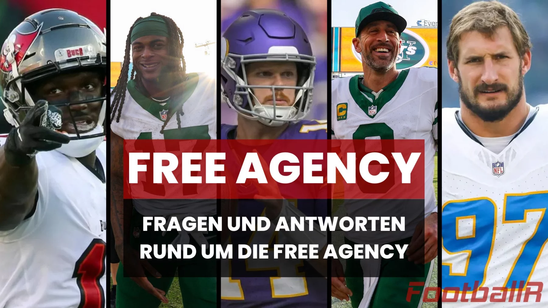 NFL Free Agency 2025 - Eine Collage zeigt fünf American-Football-Spieler, in deren Mitte fettgedruckt „Free Agency“ steht. Darunter steht in kleinerem Text „Fragen und Antworten rund um die Free Agency 2025“. In der unteren rechten Ecke ist das „FootballR“-Logo zu sehen, das den Geist der NFL Free Agency 2025 einfängt. Diese Beschreibung wurde mit der FootballR KI automatisch generiert.