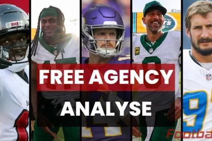 Bild mit fünf American-Football-Spielern in Teamuniformen. Auf einem großen roten Banner in der Mitte steht Free Agency Analyse. Der Hintergrund enthält NFL-Logos und -Ausrüstung. Unten rechts ist ein stilisiertes „Footba11r“-Logo zu sehen. Diese Beschreibung wurde mit der FootballR KI automatisch generiert.