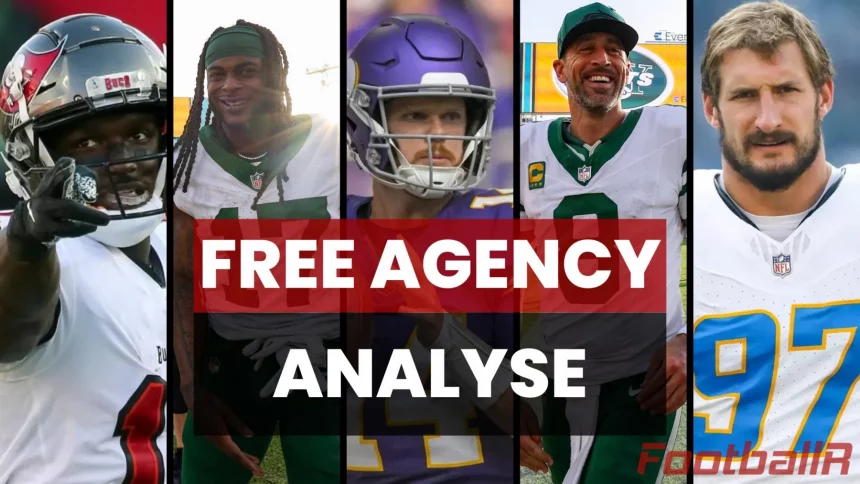 Bild mit fünf American-Football-Spielern in Teamuniformen. Auf einem großen roten Banner in der Mitte steht Free Agency Analyse. Der Hintergrund enthält NFL-Logos und -Ausrüstung. Unten rechts ist ein stilisiertes „Footba11r“-Logo zu sehen. Diese Beschreibung wurde mit der FootballR KI automatisch generiert.