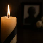 Im Vordergrund steht eine brennende Kerze mit schwarzem Band, die Trauer symbolisiert. Im unscharfen Hintergrund sind die gerahmte Silhouette von Don Hasselbeck und weiße Blumen zu sehen, die vor der dunklen Kulisse eine düstere Atmosphäre schaffen. Diese Beschreibung wurde mit der FootballR KI automatisch generiert.