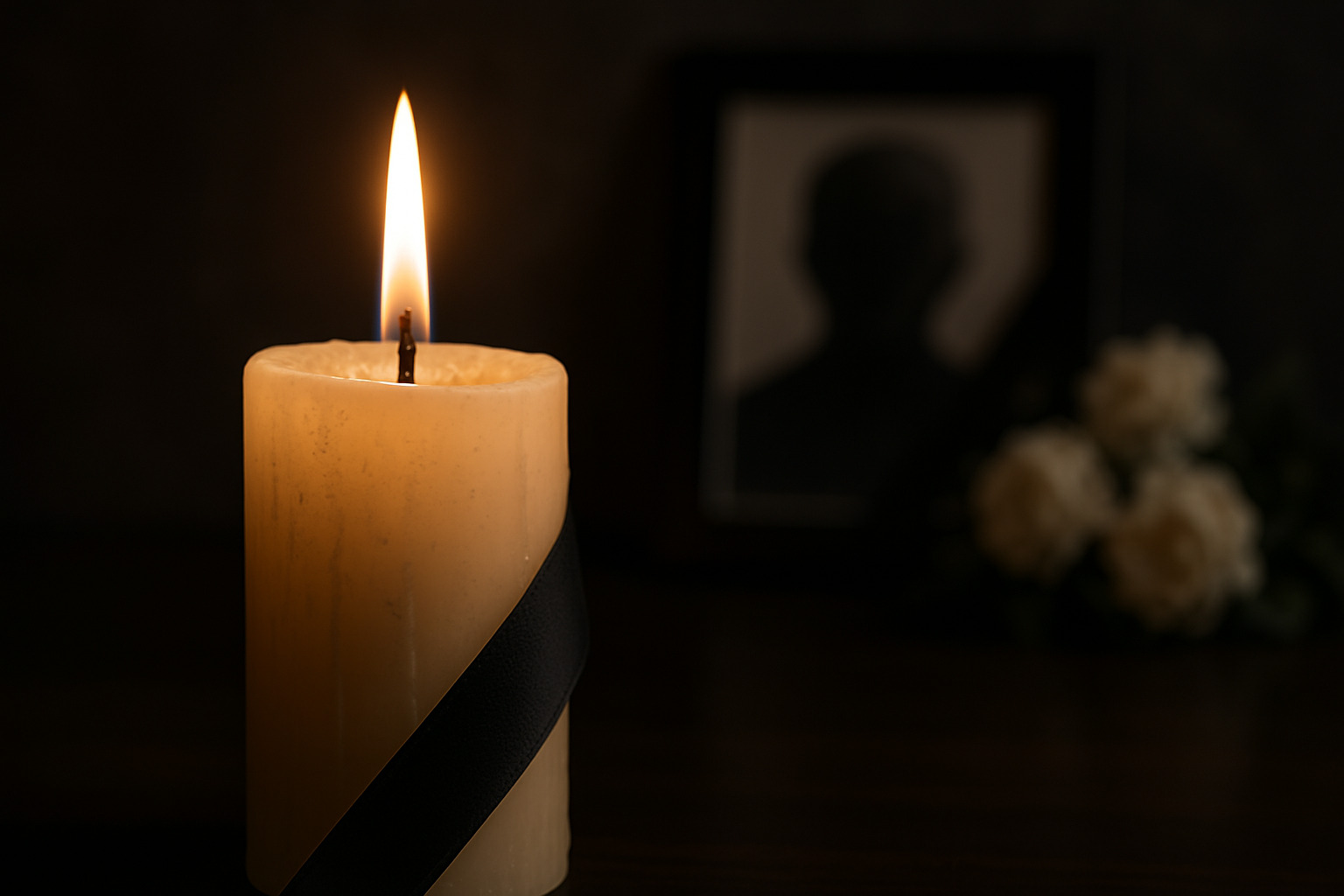 Im Vordergrund steht eine brennende Kerze mit schwarzem Band, die Trauer symbolisiert. Im unscharfen Hintergrund sind die gerahmte Silhouette von Don Hasselbeck und weiße Blumen zu sehen, die vor der dunklen Kulisse eine düstere Atmosphäre schaffen. Diese Beschreibung wurde mit der FootballR KI automatisch generiert.