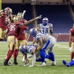 Ein Footballspieler in Blau und Weiß wird angegriffen und verliert den Ball, während vier Spieler in Rot und Gold verteidigen. Ein rot gekleideter Spieler springt mit erhobenen Armen, ein anderer greift nach dem Ball – Nacua schlägt Fan und sorgt für Skandal in den leeren Stadionsitzen. Diese Beschreibung wurde mit der FootballR KI automatisch generiert.