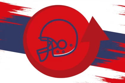 Ein rotes Footballhelm-Symbol auf einem roten Kreis vor einem rot-weiß-blauen Hintergrund. Ein großer roter Pfeil zeigt nach oben und signalisiert so Fortschritte oder einen Aufstieg in der NFL-Rangliste – perfekt, um aufstrebende Stars wie Schwergewichtler Desmond Watson hervorzuheben. Diese Beschreibung wurde mit der FootballR KI automatisch generiert.