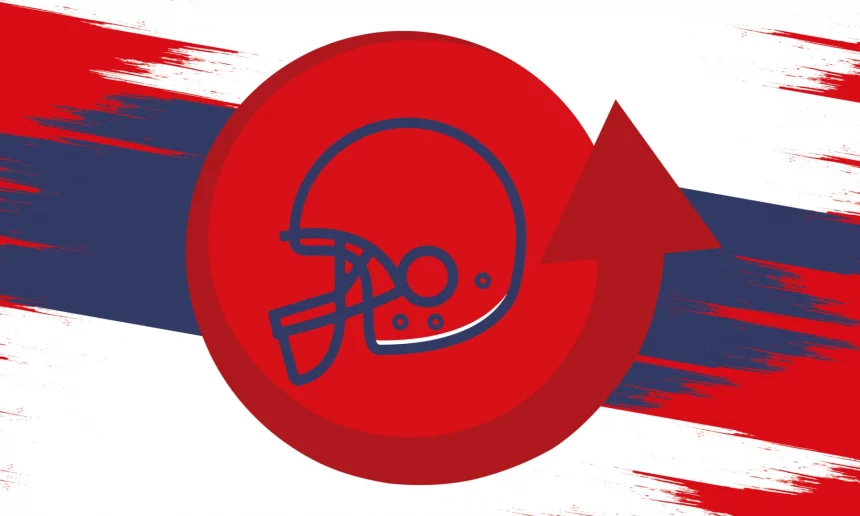 Ein rotes Footballhelm-Symbol auf einem roten Kreis vor einem rot-weiß-blauen Hintergrund. Ein großer roter Pfeil zeigt nach oben und signalisiert so Fortschritte oder einen Aufstieg in der NFL-Rangliste – perfekt, um aufstrebende Stars wie Schwergewichtler Desmond Watson hervorzuheben. Diese Beschreibung wurde mit der FootballR KI automatisch generiert.