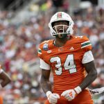 Ein Footballspieler der Miami Hurricanes, Adarius Hayes, steht mit geballten Fäusten auf dem Spielfeld und jubelt laut. Im Hintergrund sind ein weiterer Spieler und eine verschwommene Menge zu sehen – Adarius Hayes Unfall macht Schlagzeilen. Diese Beschreibung wurde mit der FootballR KI automatisch generiert.