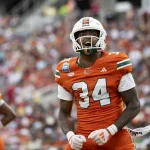 Ein Footballspieler der Miami Hurricanes, Adarius Hayes, steht mit geballten Fäusten auf dem Spielfeld und jubelt laut. Im Hintergrund sind ein weiterer Spieler und eine verschwommene Menge zu sehen – Adarius Hayes Unfall macht Schlagzeilen. Diese Beschreibung wurde mit der FootballR KI automatisch generiert.