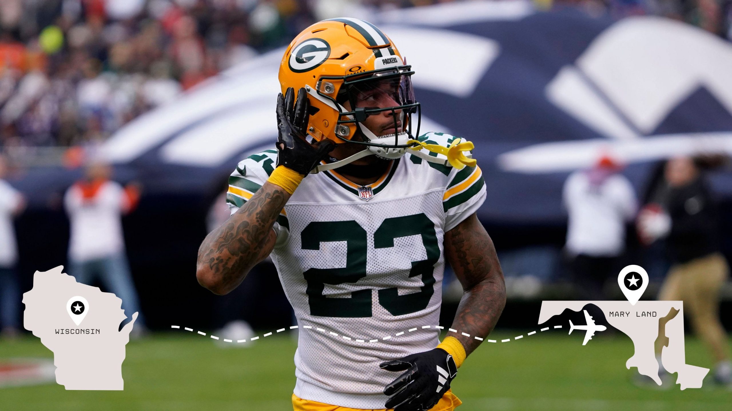 Ein Footballspieler der Green Bay Packers, Jaire Alexander, im Trikot mit der Nummer 23, hält sich auf dem Spielfeld das Ohr zu. Darunter verbindet eine gestrichelte Linie ein Symbol von Wisconsin mit einem Symbol von Maryland, was auf eine Reise zwischen den beiden Staaten hinweist. Diese Beschreibung wurde mit der FootballR KI automatisch generiert.