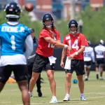 Mehrere Footballspieler trainieren auf einem Rasenplatz. Während ein Spieler im roten Trikot (#16) einen Football wirft, beobachten seine Teamkollegen – darunter Travis Etienne im blauen Trainingstrikot (#1) – aufmerksam. Im Hintergrund sind Bäume und Gebäude zu sehen. Diese Beschreibung wurde mit der FootballR KI automatisch generiert.