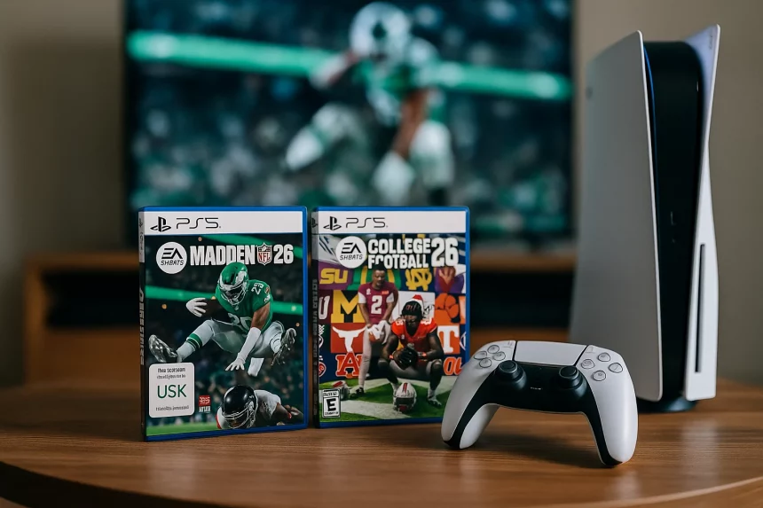 EA Footballkracher: Eine PlayStation 5-Konsole und ein Controller liegen auf einem Holztisch neben zwei EA-Fußballkracher-Spielen, "Madden 26" und "College Football 26". Der Fernseher im Hintergrund zeigt eine unscharfe Fußballspielszene. Diese Beschreibung wurde mit der FootballR KI automatisch generiert.