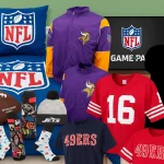 Ein Schlafzimmer mit NFL-Themenbettwäsche, Football-Kissen und Wanddekoration. Ausgestellt sind Team-Shirts (49ers, Vikings), eine lila Vikings-Jacke, Socken, eine Jets-Mütze, zwei Footballs - perfekt für Fans, die an diesem PRIME DAY 2025 bei Amazon nach NFL-Angeboten suchen. Diese Beschreibung wurde mit der FootballR KI automatisch generiert.