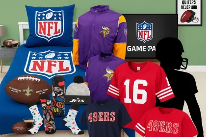 Ein Schlafzimmer mit NFL-Themenbettwäsche, Football-Kissen und Wanddekoration. Ausgestellt sind Team-Shirts (49ers, Vikings), eine lila Vikings-Jacke, Socken, eine Jets-Mütze, zwei Footballs - perfekt für Fans, die an diesem PRIME DAY 2025 bei Amazon nach NFL-Angeboten suchen. Diese Beschreibung wurde mit der FootballR KI automatisch generiert.