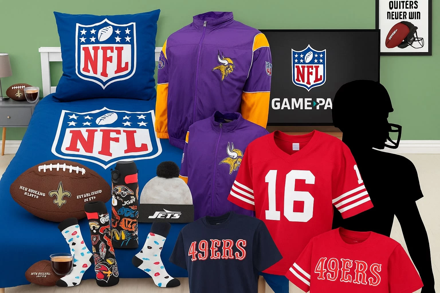 Ein Schlafzimmer mit NFL-Themenbettwäsche, Football-Kissen und Wanddekoration. Ausgestellt sind Team-Shirts (49ers, Vikings), eine lila Vikings-Jacke, Socken, eine Jets-Mütze, zwei Footballs - perfekt für Fans, die an diesem PRIME DAY 2025 bei Amazon nach NFL-Angeboten suchen. Diese Beschreibung wurde mit der FootballR KI automatisch generiert.