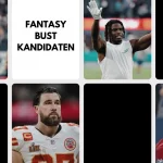Fantasy Team Update: Eine Collage mit fünf NFL-Spielern: oben links, ein Falcons-Spieler beim Laufen; oben in der Mitte der Text "FANTASY BUST KANDIDATEN"; dies sind Fantasy-Spieler, die du meiden solltest; oben rechts, ein Dolphins-Spieler, der die Hand hebt; unten links, ein Chiefs-Spieler; unten rechts, ein Cardinals-Spieler. Diese Beschreibung wurde mit der FootballR KI automatisch generiert.