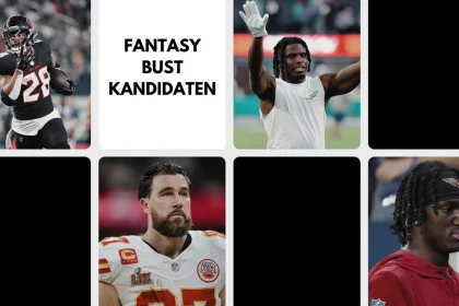 Fantasy Team Update: Eine Collage mit fünf NFL-Spielern: oben links, ein Falcons-Spieler beim Laufen; oben in der Mitte der Text "FANTASY BUST KANDIDATEN"; dies sind Fantasy-Spieler, die du meiden solltest; oben rechts, ein Dolphins-Spieler, der die Hand hebt; unten links, ein Chiefs-Spieler; unten rechts, ein Cardinals-Spieler. Diese Beschreibung wurde mit der FootballR KI automatisch generiert.