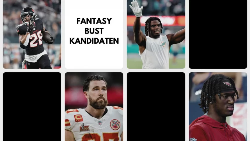 Fantasy Team Update: Eine Collage mit fünf NFL-Spielern: oben links, ein Falcons-Spieler beim Laufen; oben in der Mitte der Text "FANTASY BUST KANDIDATEN"; dies sind Fantasy-Spieler, die du meiden solltest; oben rechts, ein Dolphins-Spieler, der die Hand hebt; unten links, ein Chiefs-Spieler; unten rechts, ein Cardinals-Spieler. Diese Beschreibung wurde mit der FootballR KI automatisch generiert.