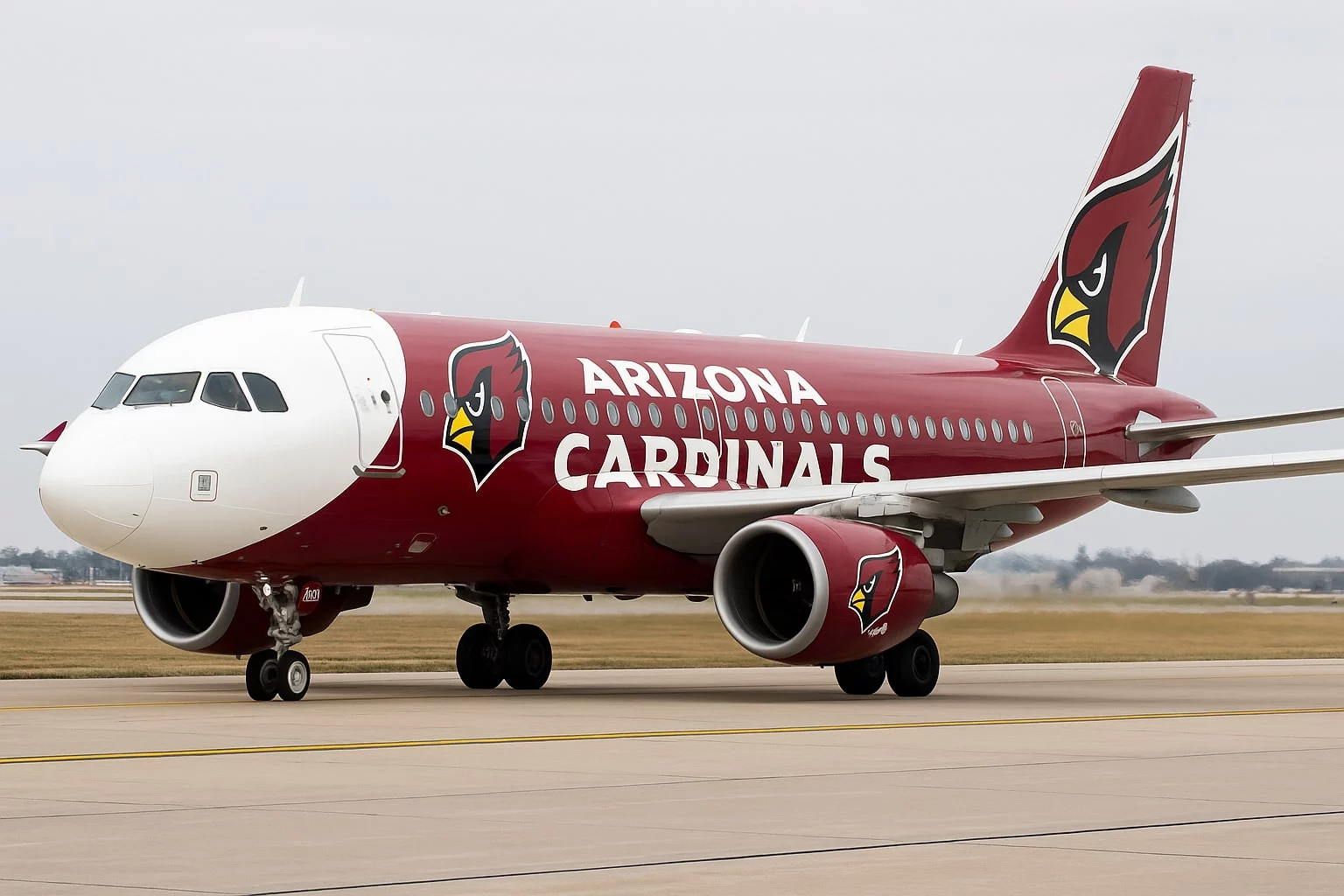 Ein kastanienbraunes und weißes Flugzeug mit dem Schriftzug "Arizona Cardinals", dem Vogellogo des Teams und dem Branding von Cardinals Premier Travel rollt auf der Landebahn. Die Nase ist weiß, während sich der kastanienbraune Rumpf vom Gras, der Landebahn und dem bewölkten Himmel abhebt. Diese Beschreibung wurde mit der FootballR KI automatisch generiert.