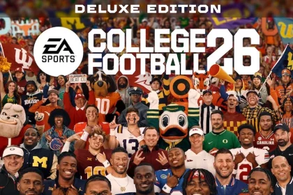 Das Cover der "EA Sports College Football 25 Deluxe Edition" zeigt lächelnde College-Football-Spieler in Teamuniformen, Fans in farbenfroher Schulkleidung und Maskottchen. Der Hintergrund ist mit jubelnden Menschenmengen gefüllt. "EA SPORTS College Football 26" ist bald erhältlich. Diese Beschreibung wurde mit der FootballR KI automatisch generiert.
