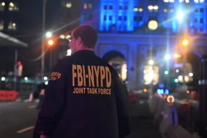 Eine Person, die eine schwarze Jacke mit dem gelben Schriftzug "FBI-NYPD JOINT TASK FORCE" trägt, steht nach einem Amoklauf auf einer nächtlichen Straße in New York. Unscharfe, blau beleuchtete Gebäude, Straßenlaternen und Barrikaden füllen den Hintergrund. Diese Beschreibung wurde mit der FootballR KI automatisch generiert.