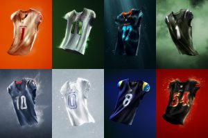 Acht schwebende Football-Trikots erinnern an klassische NFL-Rivalitäts-Trikots, jedes auf einem kräftigen Hintergrund. Die verschiedenen Teamfarben und -nummern - rot (#1), weiß (#11), türkis (#17), grün (#87) und mehr - werden durch dynamische Lichteffekte in Szene gesetzt. Diese Beschreibung wurde mit der FootballR KI automatisch generiert.