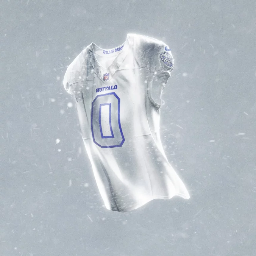 Ein schwebendes weißes Buffalo Bills NFL Rivalries-Trikots Football-Trikot mit blauen Akzenten und der Nummer 0 leuchtet geisterhaft vor einem grauen, verschneiten Hintergrund und wirkt frostig und ätherisch, ohne dass eine Person sichtbar ist, die es trägt. Diese Beschreibung wurde mit der FootballR KI automatisch generiert.