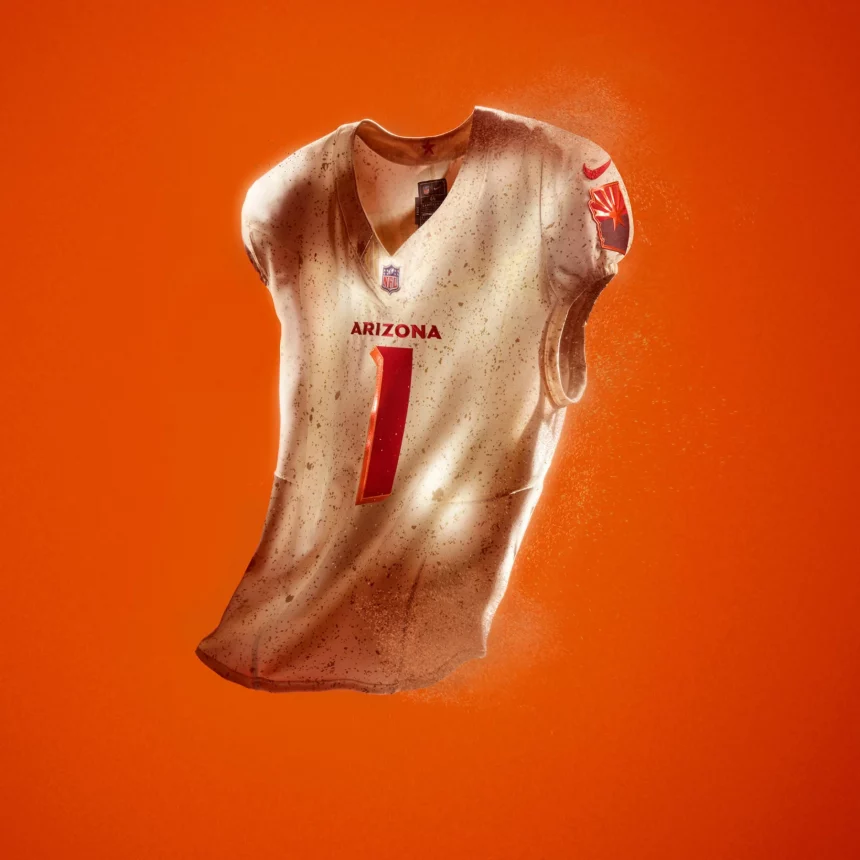 Ein weißes Arizona Cardinals Football NFL Rivalries-Trikot mit der Nummer 1 und fetten roten Buchstaben scheint vor einem leuchtend orangefarbenen Hintergrund zu schweben, dramatisch beleuchtet, mit kleinen Flecken und Partikeln, die um ihn herum wirbeln. Diese Beschreibung wurde mit der FootballR KI automatisch generiert.