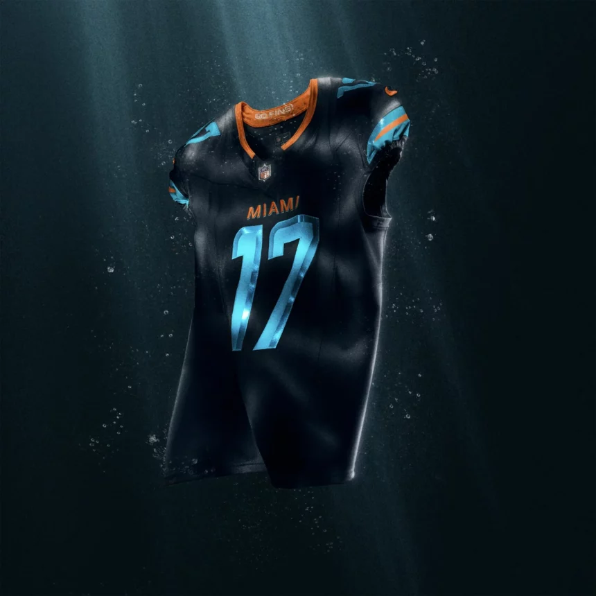 Ein schwarzes Miami Dolphins NFL Rivalries-Trikot mit blaugrünen und orangefarbenen Akzenten und der Nummer 17 leuchtet unter Wasser inmitten von aufsteigenden Blasen und Lichtströmen und erzeugt einen dramatischen und lebendigen Effekt. Diese Beschreibung wurde mit der FootballR KI automatisch generiert.