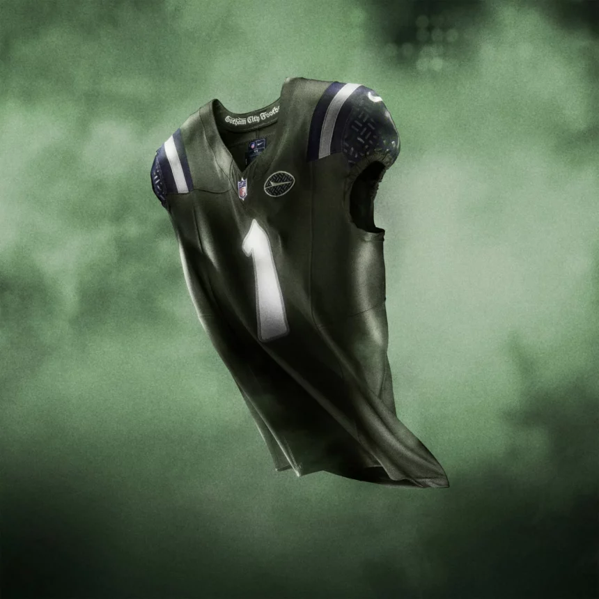 Ein dunkelgrünes American-Football-Trikot mit der Nummer 1 schwebt vor einem rauchgrünen Hintergrund. Es ist Teil der NFL Rivalries-Trikots-Kollektion und hat weiße Streifen, schwarz-weiße Aufnäher und den Schriftzug "Georgia City Football" am Kragen. Es ist keine Person zu sehen. Diese Beschreibung wurde mit der FootballR KI automatisch generiert.