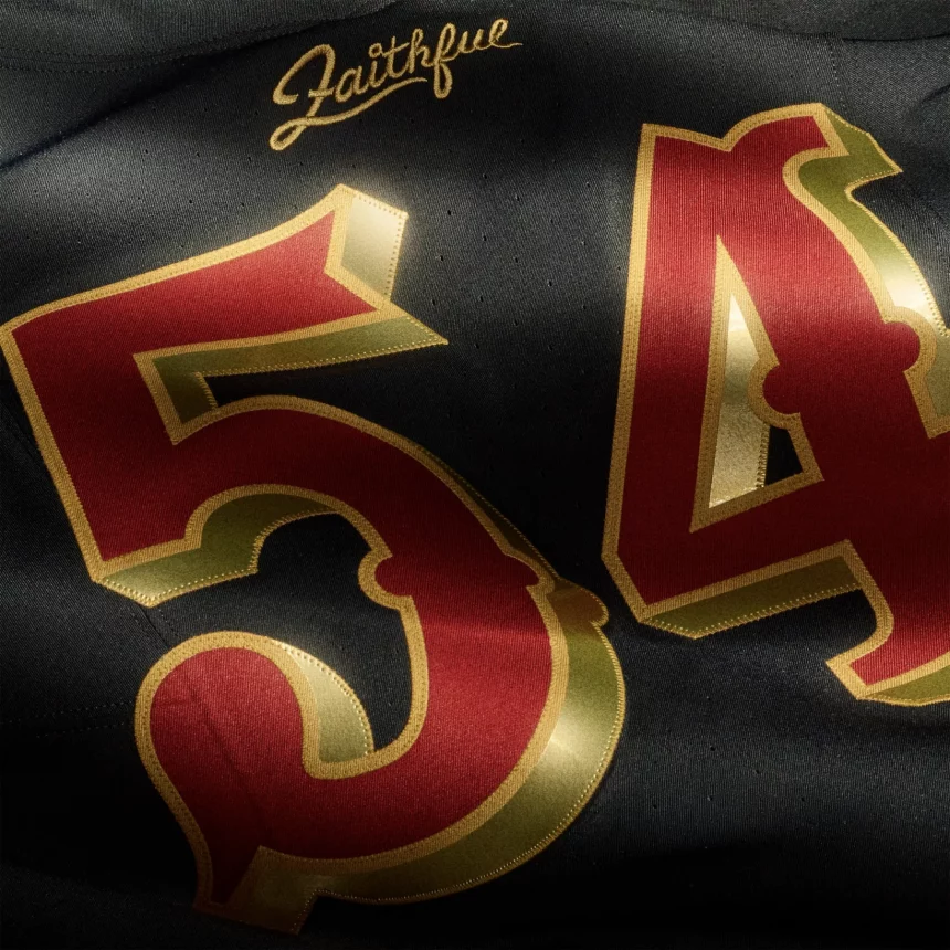 Nahaufnahme eines dunklen NFL Rivalries-Trikots mit großen goldenen und roten Ziffern, auf denen "54" steht. Über den Zahlen ist "Faithful" in Schreibschrift aufgestickt, während das Sonnenlicht Schatten wirft, die die Textur des Stoffes hervorheben. Diese Beschreibung wurde mit der FootballR KI automatisch generiert.