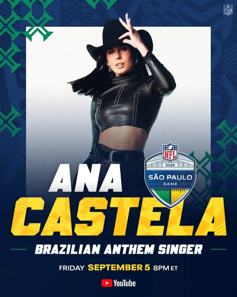 Die brasilianische Sängerin Ana Castela, bekannt für ihre dynamischen Auftritte, posiert mit schwarzem Cowgirl-Hut und -Outfit. Der Text lautet: "Ana Castela, brasilianische Hymnensängerin, NFL São Paulo Game 2025 Halftime Show, Freitag 5. September, 8PM ET, YouTube. Diese Beschreibung wurde mit der FootballR KI automatisch generiert.