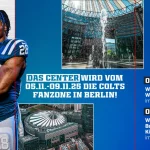 Eine Werbegrafik für die Indianapolis Colts in Berlin hebt die Begeisterung für American Football hervor und zeigt einen Colts-Spieler in Uniform, Fotos von Berliner Spielorten und deutsche Veranstaltungshinweise für das NFL-Spiel 2025 in der Fanzone und die Kneipen-Watchpartys im Lindenbräu. Diese Beschreibung wurde mit der FootballR KI automatisch generiert.