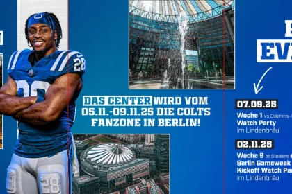 Eine Werbegrafik für die Indianapolis Colts in Berlin hebt die Begeisterung für American Football hervor und zeigt einen Colts-Spieler in Uniform, Fotos von Berliner Spielorten und deutsche Veranstaltungshinweise für das NFL-Spiel 2025 in der Fanzone und die Kneipen-Watchpartys im Lindenbräu. Diese Beschreibung wurde mit der FootballR KI automatisch generiert.