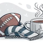 Ein American Football, ein gestreifter Schal und eine dampfende Tasse Kaffee sitzen zwischen verstreuten Herbstblättern. Der Hintergrund zeigt weiche, abstrakte Formen und fallende Blätter, die einen gemütlichen, kühlen Herbsttag andeuten. Diese Beschreibung wurde mit der FootballR KI automatisch generiert.
