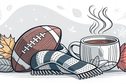 Ein American Football, ein gestreifter Schal und eine dampfende Tasse Kaffee sitzen zwischen verstreuten Herbstblättern. Der Hintergrund zeigt weiche, abstrakte Formen und fallende Blätter, die einen gemütlichen, kühlen Herbsttag andeuten. Diese Beschreibung wurde mit der FootballR KI automatisch generiert.