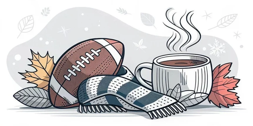 Ein American Football, ein gestreifter Schal und eine dampfende Tasse Kaffee sitzen zwischen verstreuten Herbstblättern. Der Hintergrund zeigt weiche, abstrakte Formen und fallende Blätter, die einen gemütlichen, kühlen Herbsttag andeuten. Diese Beschreibung wurde mit der FootballR KI automatisch generiert.