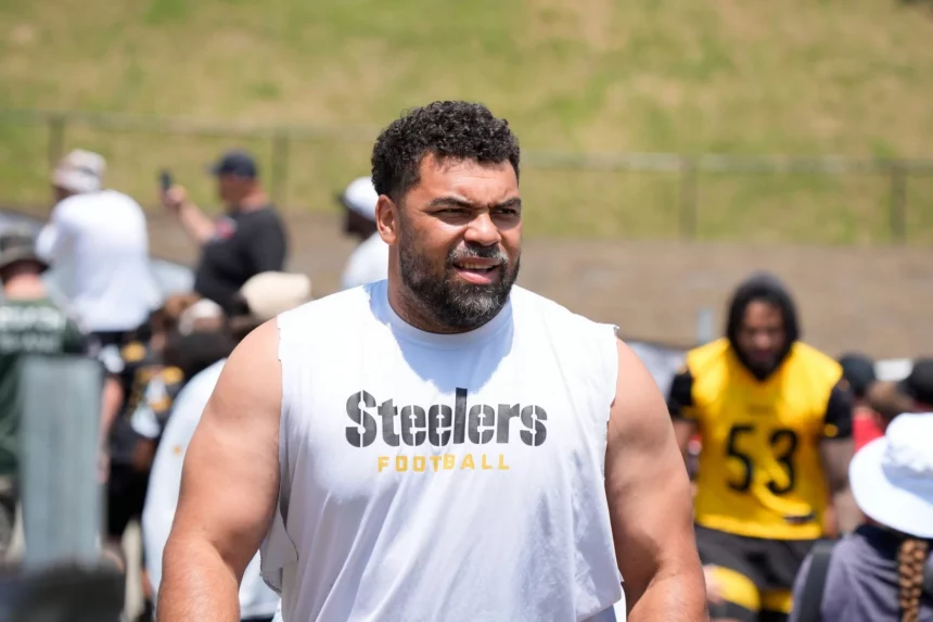Ein muskulöser Mann mit Bart, der ein ärmelloses weißes "Steelers Football"-Shirt trägt, steht im Freien beim Football-Training - Cameron Heyward und andere in schwarzer und gelber Steelers-Ausrüstung erscheinen in der Nähe eines Grashügels im Hintergrund. Diese Beschreibung wurde mit der FootballR KI automatisch generiert.