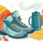 Illustration von blaugrünen Wanderstiefeln, einem gelben Hut, einem roten Schal, einer dampfenden Kaffeekanne, einer Tasse Kaffee, einer gelben Serviette und Herbstblättern in Orange- und Grüntönen, die eine gemütliche Herbstszene im Freien darstellen. Diese Beschreibung wurde mit der FootballR KI automatisch generiert.