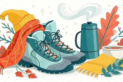 Illustration von blaugrünen Wanderstiefeln, einem gelben Hut, einem roten Schal, einer dampfenden Kaffeekanne, einer Tasse Kaffee, einer gelben Serviette und Herbstblättern in Orange- und Grüntönen, die eine gemütliche Herbstszene im Freien darstellen. Diese Beschreibung wurde mit der FootballR KI automatisch generiert.