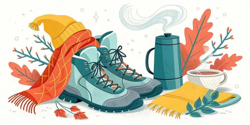 Illustration von blaugrünen Wanderstiefeln, einem gelben Hut, einem roten Schal, einer dampfenden Kaffeekanne, einer Tasse Kaffee, einer gelben Serviette und Herbstblättern in Orange- und Grüntönen, die eine gemütliche Herbstszene im Freien darstellen. Diese Beschreibung wurde mit der FootballR KI automatisch generiert.