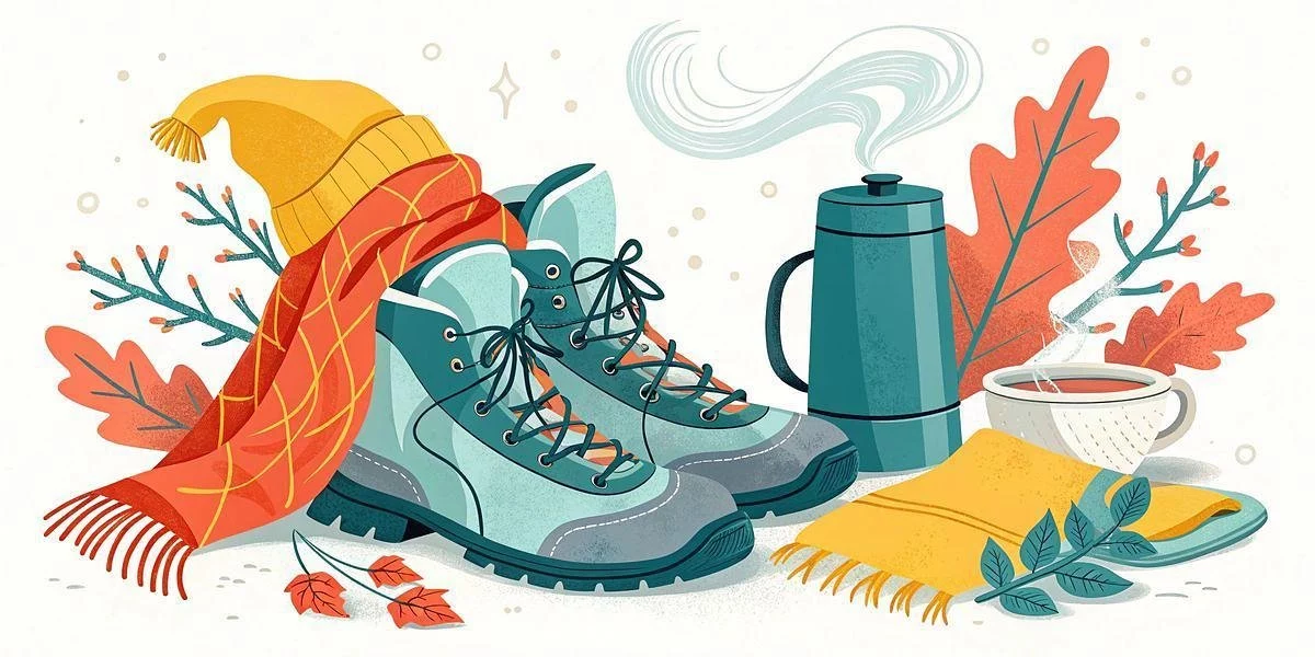 Illustration von blaugrünen Wanderstiefeln, einem gelben Hut, einem roten Schal, einer dampfenden Kaffeekanne, einer Tasse Kaffee, einer gelben Serviette und Herbstblättern in Orange- und Grüntönen, die eine gemütliche Herbstszene im Freien darstellen. Diese Beschreibung wurde mit der FootballR KI automatisch generiert.