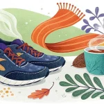 Läufer im Herbst - Illustration von marineblauen und orangefarbenen Laufschuhen, einem orangefarbenen Schal, einer dampfenden Tasse Kaffee oder Tee und verschiedenen bunten Herbstblättern, die auf Gras verstreut sind und eine gemütliche Herbstatmosphäre hervorrufen. Diese Beschreibung wurde mit der FootballR KI automatisch generiert.