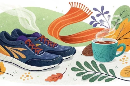 Läufer im Herbst - Illustration von marineblauen und orangefarbenen Laufschuhen, einem orangefarbenen Schal, einer dampfenden Tasse Kaffee oder Tee und verschiedenen bunten Herbstblättern, die auf Gras verstreut sind und eine gemütliche Herbstatmosphäre hervorrufen. Diese Beschreibung wurde mit der FootballR KI automatisch generiert.