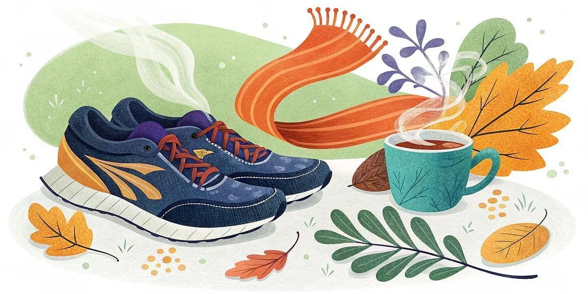 Läufer im Herbst - Illustration von marineblauen und orangefarbenen Laufschuhen, einem orangefarbenen Schal, einer dampfenden Tasse Kaffee oder Tee und verschiedenen bunten Herbstblättern, die auf Gras verstreut sind und eine gemütliche Herbstatmosphäre hervorrufen. Diese Beschreibung wurde mit der FootballR KI automatisch generiert.